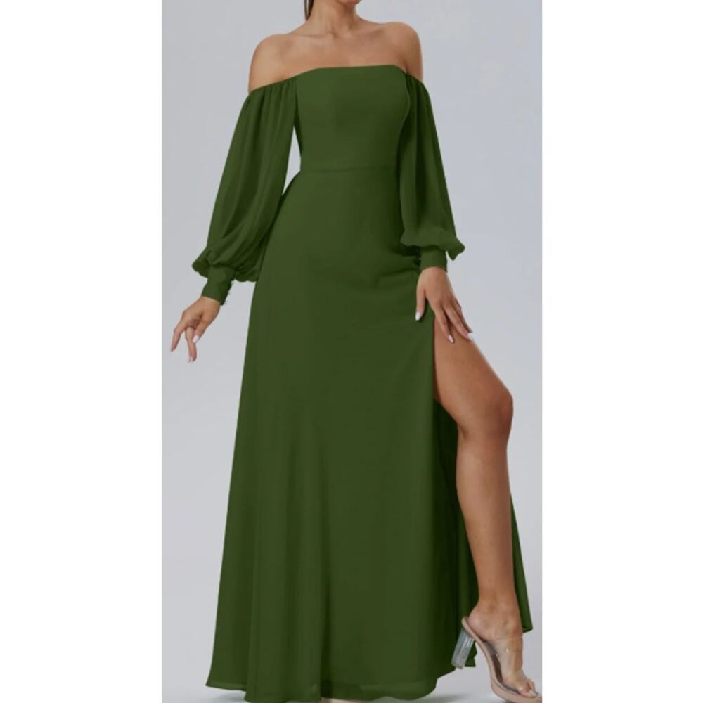 Off-Shoulder Olive Green Maxi Dress with Balloon Sleeves